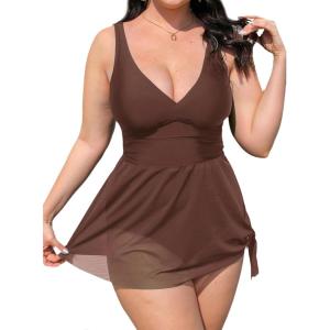 imageCUPSHE Women Tankini Sets Plus Size Two Piece Swimsuit High Waisted V Neck Mesh Ruched Self Tie Swim DressChocolate Brown
