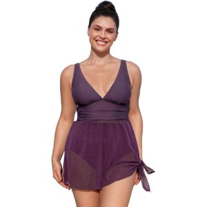 imageCUPSHE Women Tankini Sets Plus Size Two Piece Swimsuit High Waisted V Neck Mesh Ruched Self Tie Swim DressPurple