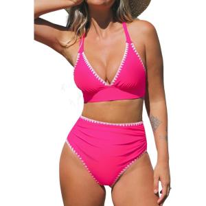 imageCUPSHE Womens Bikini Sets High Waisted Swimsuit Deep V Neck Crisscross Back Tie Stitching Ruched Full CoverageMagenta Pink