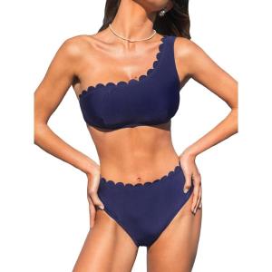 imageCUPSHE Womens Bikini Sets Two Piece Bathing Suit One Shoulder Mid Rise Scalloped Wide Strap Back HookNavy Blue