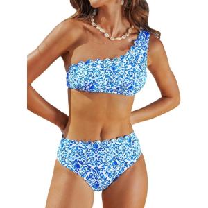 imageCUPSHE Womens Bikini Sets Two Piece Bathing Suit One Shoulder Mid Rise Scalloped Wide Strap Back HookWhiteBlue Baroque Floral