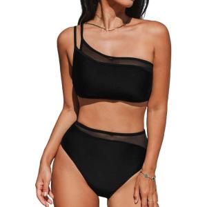 imageCUPSHE Womens Bikini Sets Two Piece Swimsuit One Shoulder Asymmetrical High Waisted Mesh Spaghetti Adjustable StrapsBlack