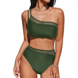 imageCUPSHE Womens Bikini Sets Two Piece Swimsuit One Shoulder Asymmetrical High Waisted Mesh Spaghetti Adjustable StrapsDark Olive Green