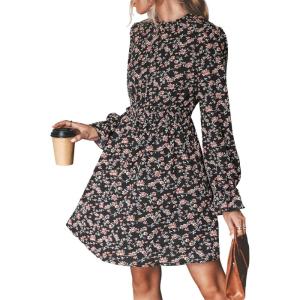 imageCUPSHE Womens Mock Neck Floral Mini Fall Dress Long Ruffle Sleeve Elastic Waist Smocked Casual Flowying Autumn DressesBlack