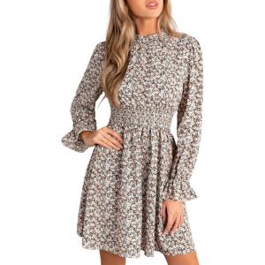 imageCUPSHE Womens Mock Neck Floral Mini Fall Dress Long Ruffle Sleeve Elastic Waist Smocked Casual Flowying Autumn DressesDisty