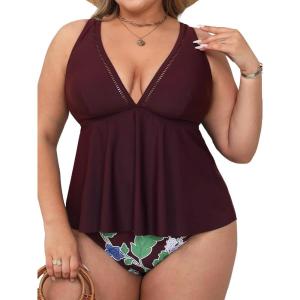 imageCUPSHE Womens Plus Size Tankini Sets V Neck Two Piece Swimsuits Adjustable Wide Straps Mid Rise Self TiedPurpleFloral