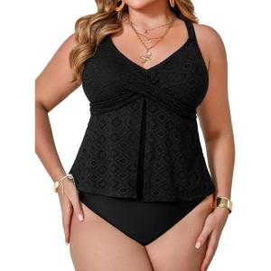 imageCUPSHE Womens Plus Size Tankini Sets V Neck Wrapped Front Two Piece Swimsuits Crisscross Back Self Tie Mid RiseBlack