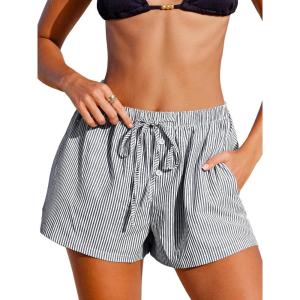 imageCUPSHE Womens Summer Shorts Striped Elastic High Waist Wide Leg Cover Ups Boxer Shorts with PocketsBlack