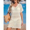 imageCUPSHE Women Crochet Swimsuit Cover Up Short Sleeve Beach Dress V Neck Bathing Suit Coverups for Beach SwimwearBeige