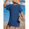 imageCUPSHE Women Crochet Swimsuit Cover Up Short Sleeve Beach Dress V Neck Bathing Suit Coverups for Beach SwimwearNavy