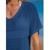 imageCUPSHE Women Crochet Swimsuit Cover Up Short Sleeve Beach Dress V Neck Bathing Suit Coverups for Beach SwimwearNavy
