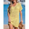 imageCUPSHE Women Crochet Swimsuit Cover Up Short Sleeve Beach Dress V Neck Bathing Suit Coverups for Beach SwimwearYellowish Brown