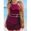 imageCUPSHE Womens One Piece Swim Dress Mock Neck Bathing Suit Color Block Sporty Crisscross Straps SwimsuitBurgundy Red