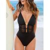 imageCUPSHE Womens One Piece Swimsuit Deep V Neck Bathing Suit Back Self Tie Mesh Ruching Adjustable StrapsBlack