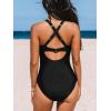 imageCUPSHE Womens One Piece Swimsuit High Neck Asymmetrical Bathing Suit Crisscross Back Cutout Mesh SwimwearBlack