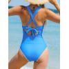 imageCUPSHE Womens One Piece Swimsuit V Neck Shell Stitched Bathing Suit Adjustable Crisscross Strappy Ruched SwimwearSky Blue