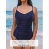imageCUPSHE Womens One Piece Swimsuit V Neck Tummy Control Bathing Suit Crisscross Back Self Tie Ruched SwimwearDark Blue
