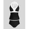 imageCUPSHE Womens Tankini Sets Halter Neck Self Tie Two Piece Swimsuit Adjustable Strappy Color Block Ruched SwimwearBlack White Colorblock