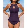 imageCUPSHE Womens Tankini Sets High Neck Mesh Cutouts Two Piece Bathing Suits Adjustable Straps Mid Rise SwimwearDeep Purple