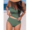 imageCUPSHE Womens Tankini Sets Surplice V Neck Two Piece Bathing Suits Adjustable Straps Shirred Mid Rise SwimwearEucalyptus Green