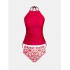 imageCUPSHE Womens Tankini Sets Two Piece Swimsuit High Neck Halter Mid Rise Adjustable DrawstringsTrue RedFloral