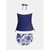 imageCUPSHE Womens Tankini Sets Two Piece Swimsuit High Neck Halter Mid Rise Adjustable DrawstringsWhiteNavy Blue Floral