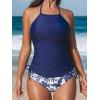 imageCUPSHE Womens Tankini Sets Two Piece Swimsuit High Neck Halter Mid Rise Adjustable DrawstringsWhiteNavy Blue Floral