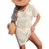 imageCUPSHE Women Crochet Swimsuit Cover Up Short Sleeve Beach Dress V Neck Bathing Suit Coverups for Beach SwimwearBeige