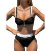 imageCUPSHE Womens Bikini Set High Waisted Two Piece Swimsuit U Wire Color Block Bathing Suit Back Hook Full CoverageBlackWhite