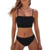 imageCUPSHE Womens Bikini Sets Two Piece Swimsuit Bandeau Top Square Neck Mid Rise Ruched Bathing Suit Spaghetti StrapsBlack