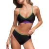 imageCUPSHE Womens Bikini Sets Two Piece Swimsuit V Neck Color Block Bathing Suit Mid Rise Crossback Straps Self TieBlackPurple