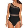 imageCUPSHE Womens One Piece Swimsuit Asymmetric Neck One Shoulder Bathing Suit Mesh SwimwearBlack