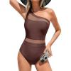 imageCUPSHE Womens One Piece Swimsuit Asymmetric Neck One Shoulder Bathing Suit Mesh SwimwearBrown