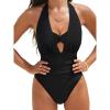 imageCUPSHE Womens One Piece Swimsuit Deep V Neck Bathing Suit Halter Straps Ruched Twist Front Bandeau Back HookBlack