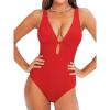 imageCUPSHE Womens One Piece Swimsuit Deep V Neck Keyhole Cutout O Ring Textured Bathing SuitRed