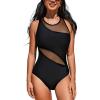 imageCUPSHE Womens One Piece Swimsuit High Neck Asymmetrical Bathing Suit Crisscross Back Cutout Mesh SwimwearBlack