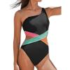 imageCUPSHE Womens One Piece Swimsuit One Shoulder Bathing Suit Cutout Adjustable Spaghetti Straps Color Block TexturedBlackPink
