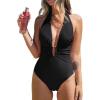 imageCUPSHE Womens One Piece Swimsuit Plunging Deep V Neck Halter Bathing Suit Ruched Adjustable Straps Self Tie O RingBlack