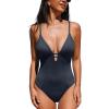 imageCUPSHE Womens One Piece Swimsuit Plunging Deep V Neck Keyhole Open Back Adjustable Strap Bathing Suit TexturedDark Grey