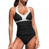 imageCUPSHE Womens Tankini Sets Halter Neck Self Tie Two Piece Swimsuit Adjustable Strappy Color Block Ruched SwimwearBlack White Colorblock