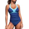 imageCUPSHE Womens Tankini Sets Halter Neck Self Tie Two Piece Swimsuit Adjustable Strappy Color Block Ruched SwimwearBlue Colorblock
