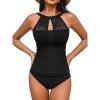 imageCUPSHE Womens Tankini Sets High Neck Mesh Cutouts Two Piece Bathing Suits Adjustable Straps Mid Rise SwimwearBlack