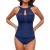 imageCUPSHE Womens Tankini Sets High Neck Mesh Cutouts Two Piece Bathing Suits Adjustable Straps Mid Rise SwimwearNavy Blue