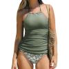 imageCUPSHE Womens Tankini Sets Two Piece Swimsuit High Neck Halter Mid Rise Adjustable DrawstringsOlive GreenFloral