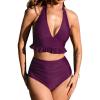 imageCUPSHE Womens Tankini Sets Two Piece Swimsuit High Waisted V Neck Ruffled Sexy Bathing Suit Wide Halter Strap RuchedDeep Purple