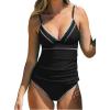 imageCUPSHE Womens Tankini Sets Two Piece Swimsuit V Neck Ruched Shell Stitched Bathing Suit Spaghetti Adjustable StrapsBlack