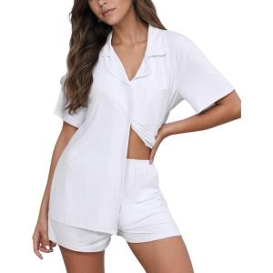 imageCUPSHE Button Down Pajama Shorts Set for Women 2 Piece Post Partum Lounge Shorts PJ SetsWhite