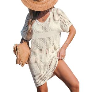imageCUPSHE Women Crochet Swimsuit Cover Up Short Sleeve Beach Dress V Neck Bathing Suit Coverups for Beach SwimwearBeige