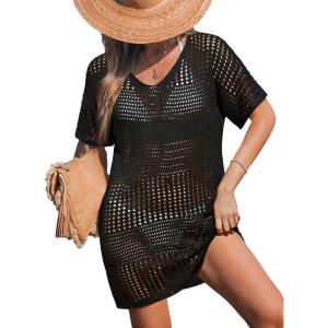 imageCUPSHE Women Crochet Swimsuit Cover Up Short Sleeve Beach Dress V Neck Bathing Suit Coverups for Beach SwimwearBlack