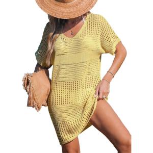 imageCUPSHE Women Crochet Swimsuit Cover Up Short Sleeve Beach Dress V Neck Bathing Suit Coverups for Beach SwimwearYellowish Brown